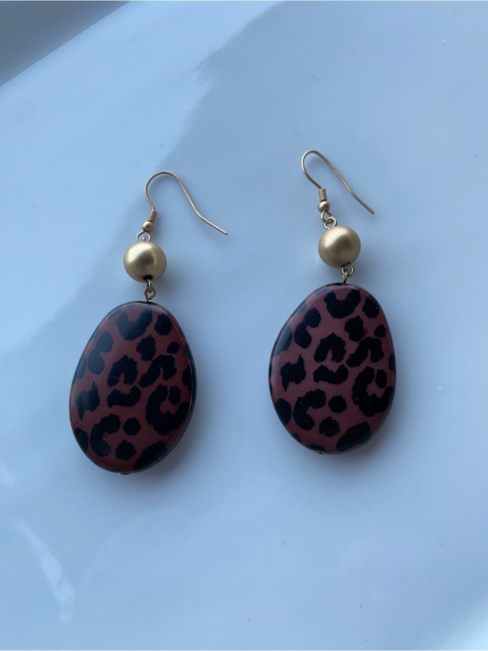 Brown Leopard Print Drop Earrings with Gold Accent